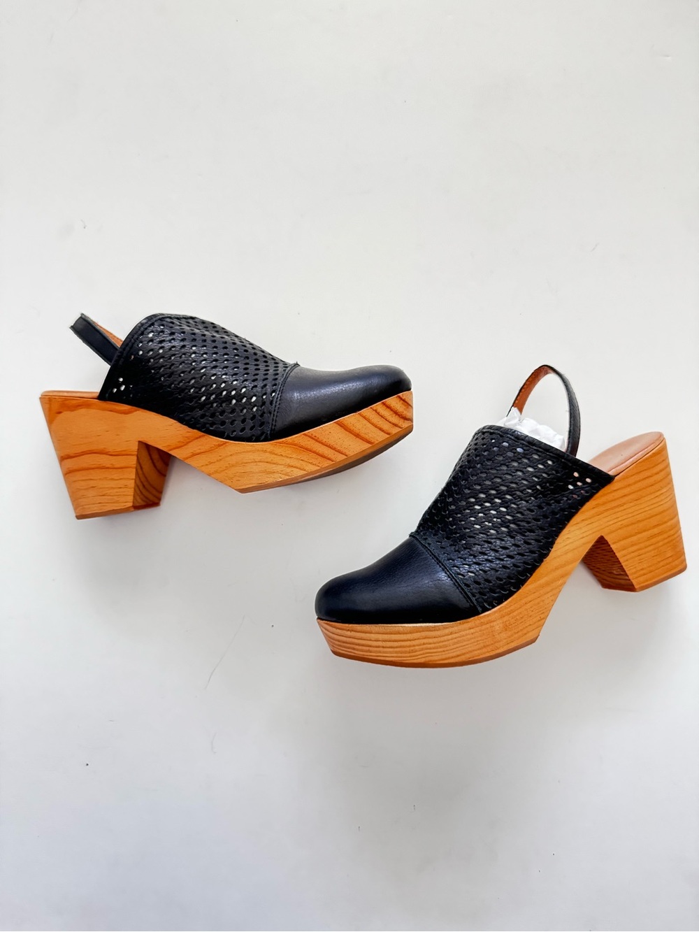 Free People Logan Black Leather Perforated Slingback Clog Woden Heels size 37